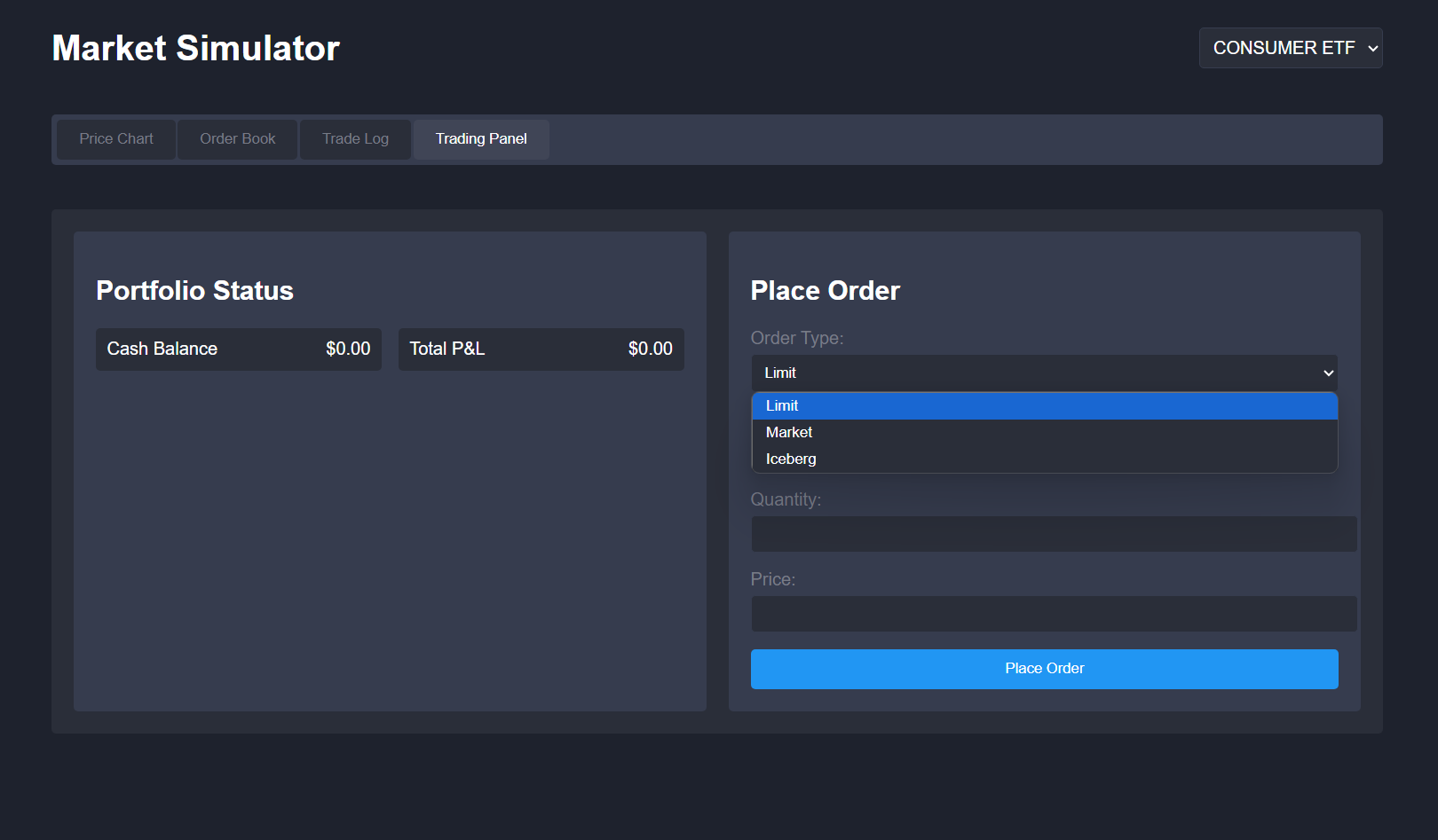 Screenshot of order placement menu